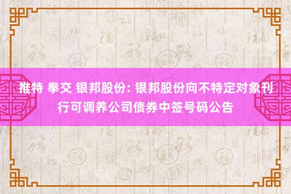 推特 拳交 银邦股份: 银邦股份向不特定对象刊行可调养公司债券中签号码公告